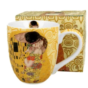 Velký porcelánový hrnek s dekorem Klimt – Polibek, objem 1 litr, béžový podklad.
