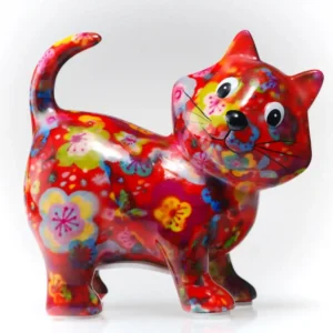 keramická pokladnička červená kočka s kytičkami