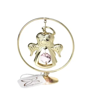 anděl v kruhu na stojánku růžový křišťál pozlacený