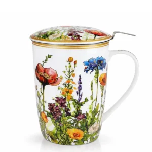 velký porcelánový hrnek na čaj se sítkem a pokličkou Rozkvetlá louka
