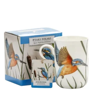 pohled na porcelánový hrnek s ledňáčkem a krabičku