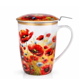 velký porcelánový hrnek na čaj se sítkem a pokličkou Vlčí máky