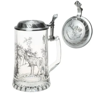 Skleněný půllitr s cínovým víčkem a jelenem