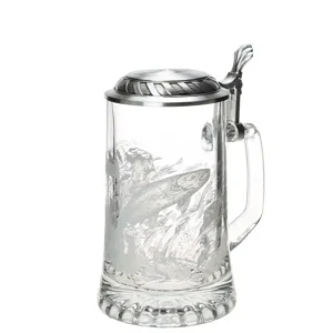 Skleněný půllitr s cínovým víčkem a ilustrací ryb