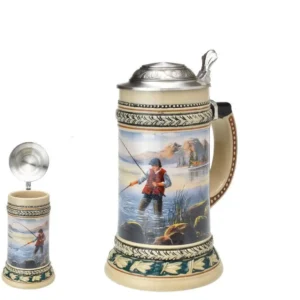 Porcelánový půllitr pro rybáře s víčkem a malbou rybáře u řeky