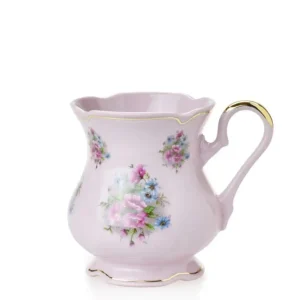 Růžový porcelán hrnek s květinovým dekorem a zlatým proužkem