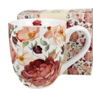 Dárkový hrnek s dekorem Růží. Porcelánový hrnek s dekorem rozkvetlých růží v pastelových růžových a bordó tónech.