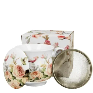 Hrnek na čaj 480 ml se sítkem a pokličkou, porcelánový s dekorem růží a ptáčka