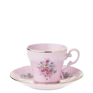 šálek s podšálkem z růžového porcelánu a malbou rozkvetlé kytice