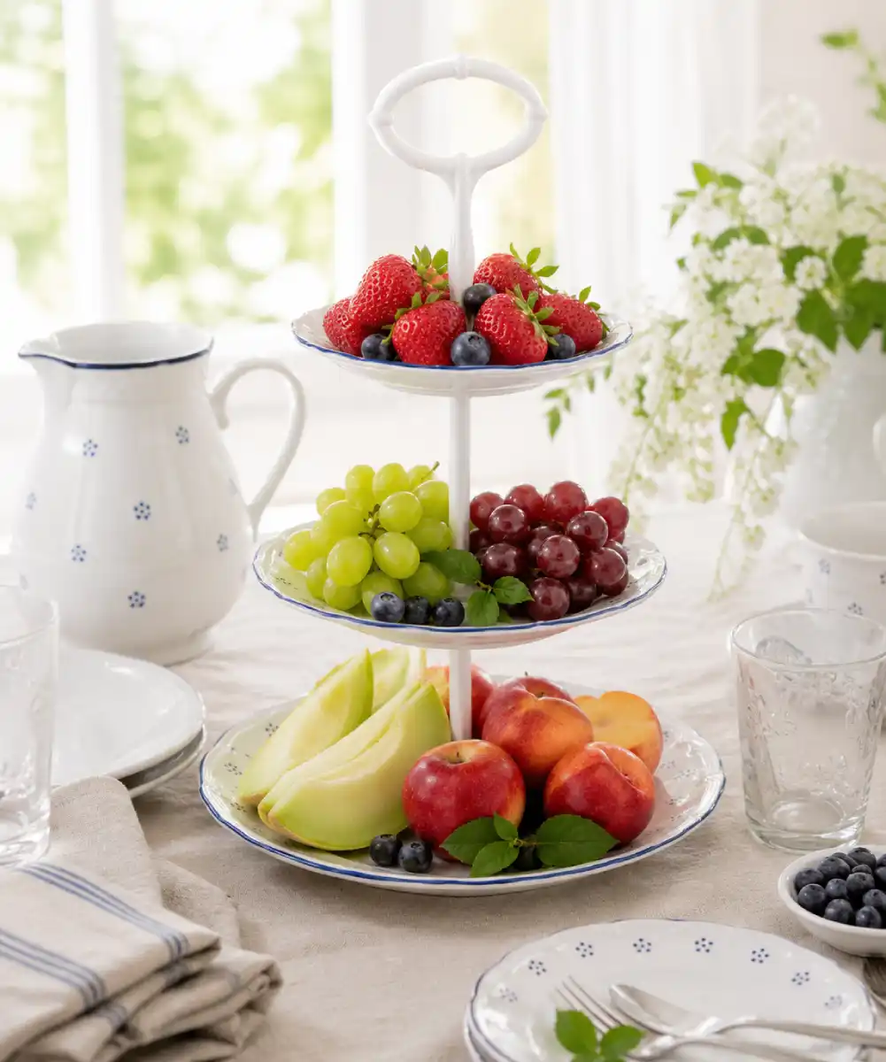Porcelánový etažer Verona Valbella – třípatrový stojan s dekorem modrých teček