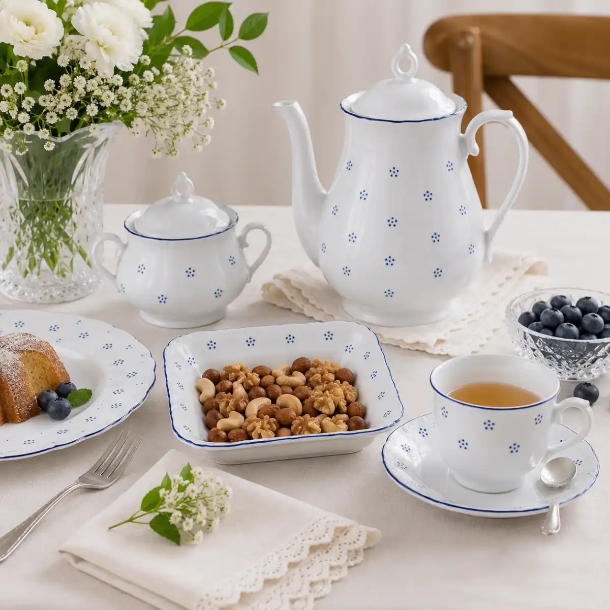 porcelánová miska hranatá na prostřeném stole