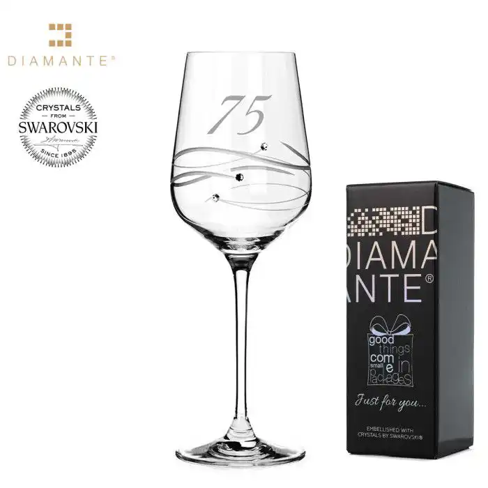 sklenice k 75. narozeninám s broušeným číslem 75 a třpytivými krystaly, dárková krabička