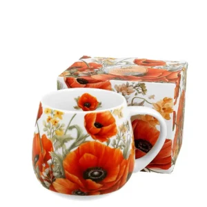 Baňatý hrnek s dekorem vlčích máků z bílého porcelánu