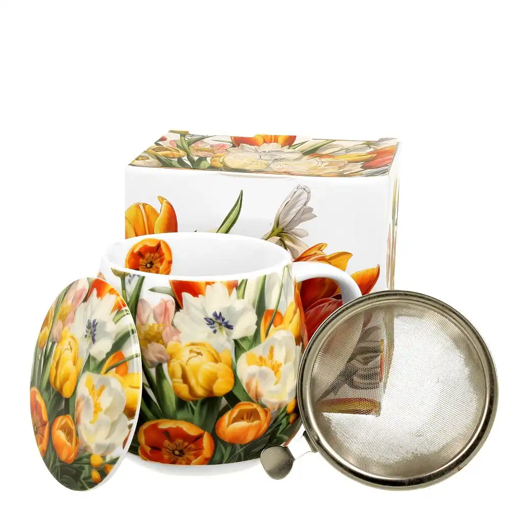 Porcelánový hrnek na čaj s dekorem tulipánů a sítkem