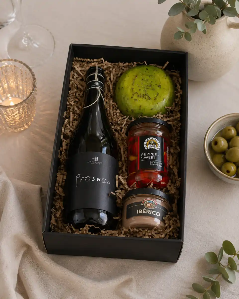 dárkový balíček s proseccem a delikatesami