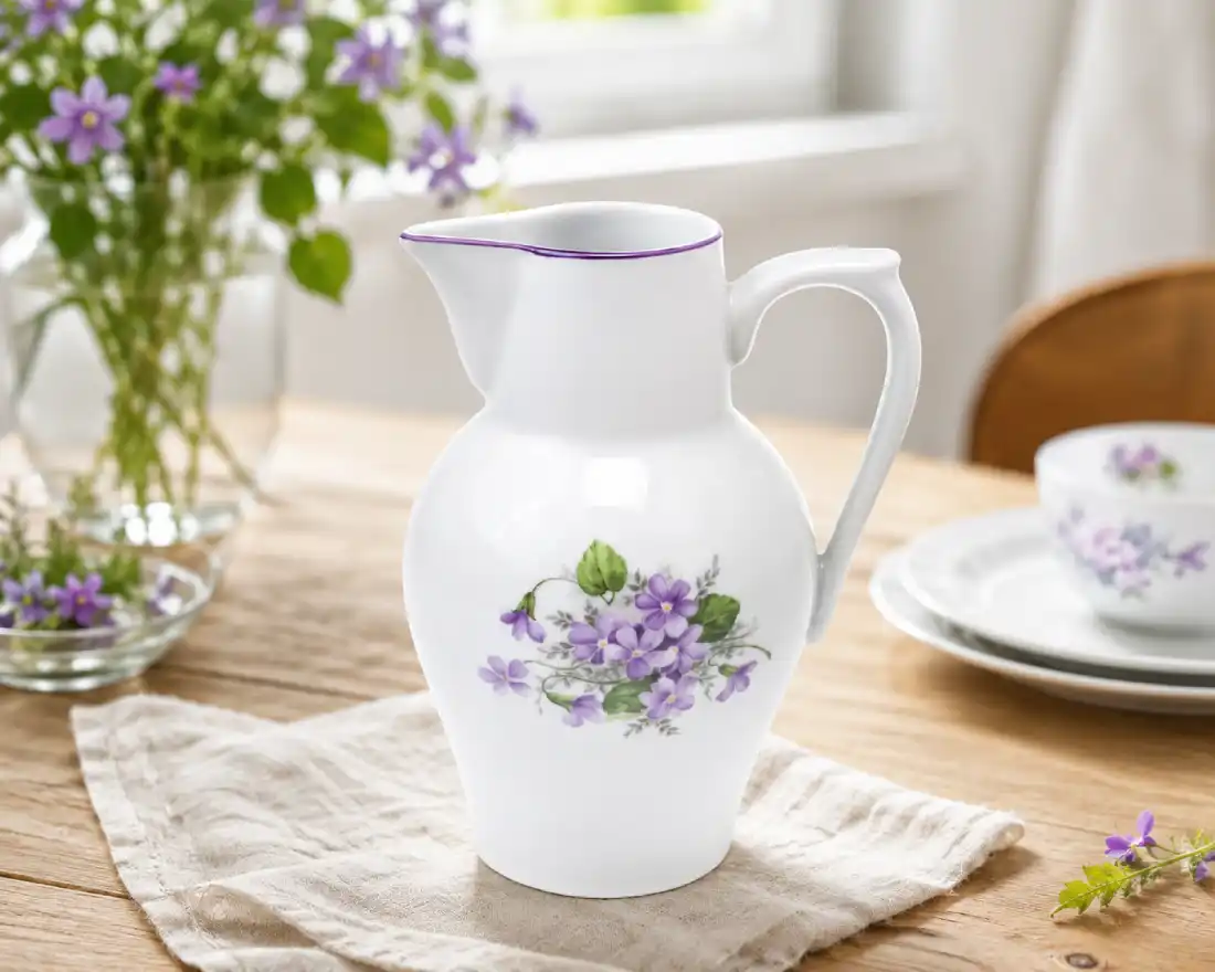 Porcelánový džbán s květinovým dekorem fialek na stole