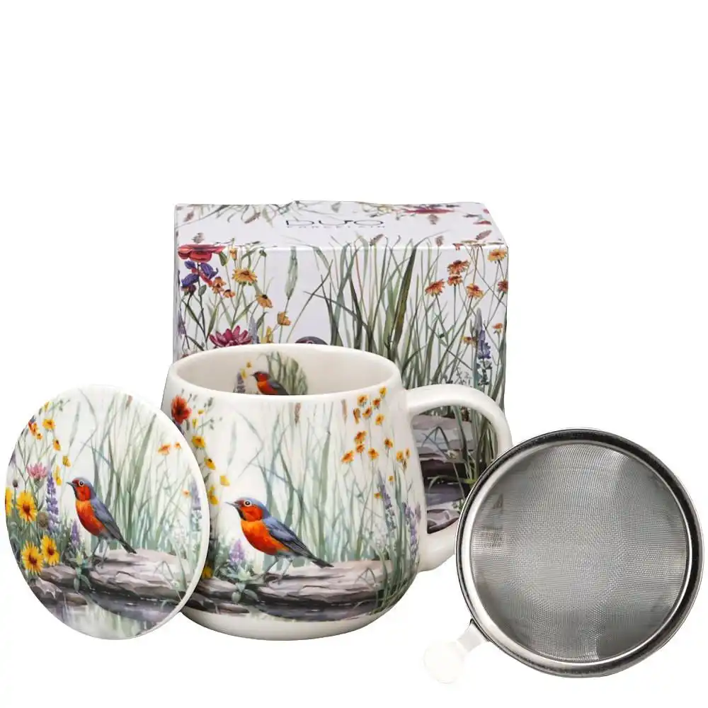 Porcelánový hrnek se sítkem Ptáček – ptáček na kameni mezi květinami