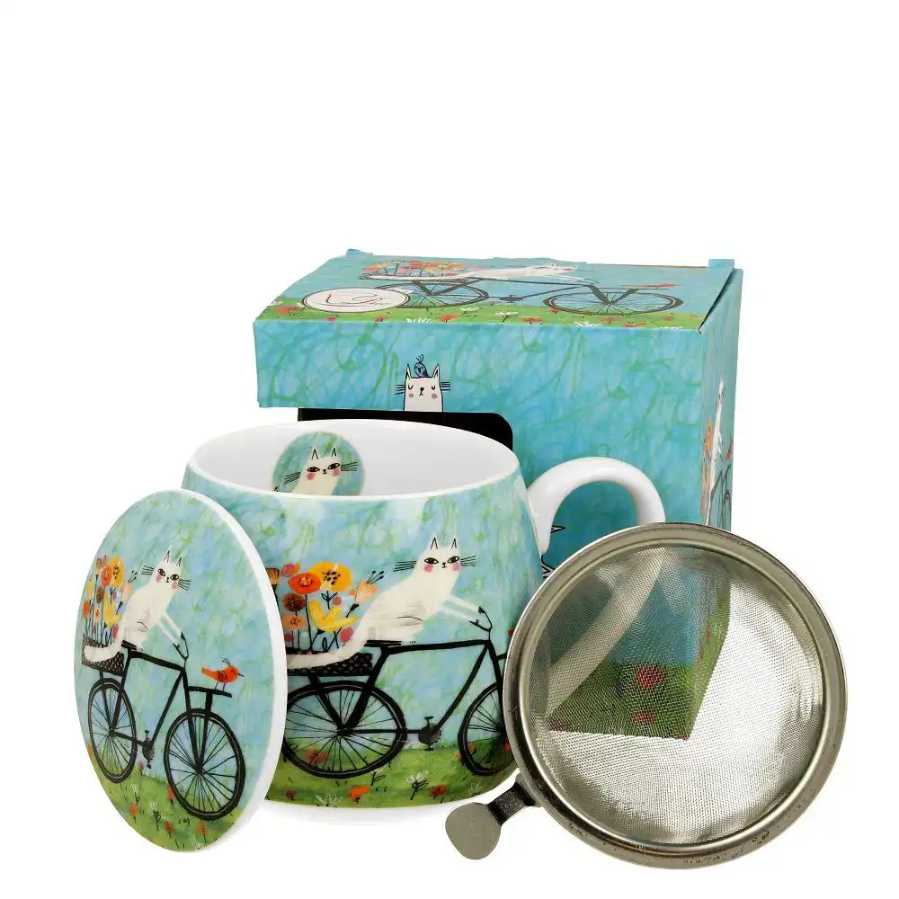 Porcelánový hrnek se sítkem - Kočky na kole, objem 430 ml