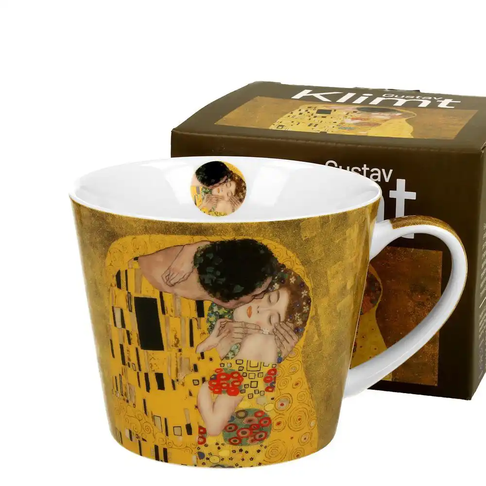 Porcelánový hrnek Klimt s dekorem Polibek, tmavý podklad, zlatý tisk