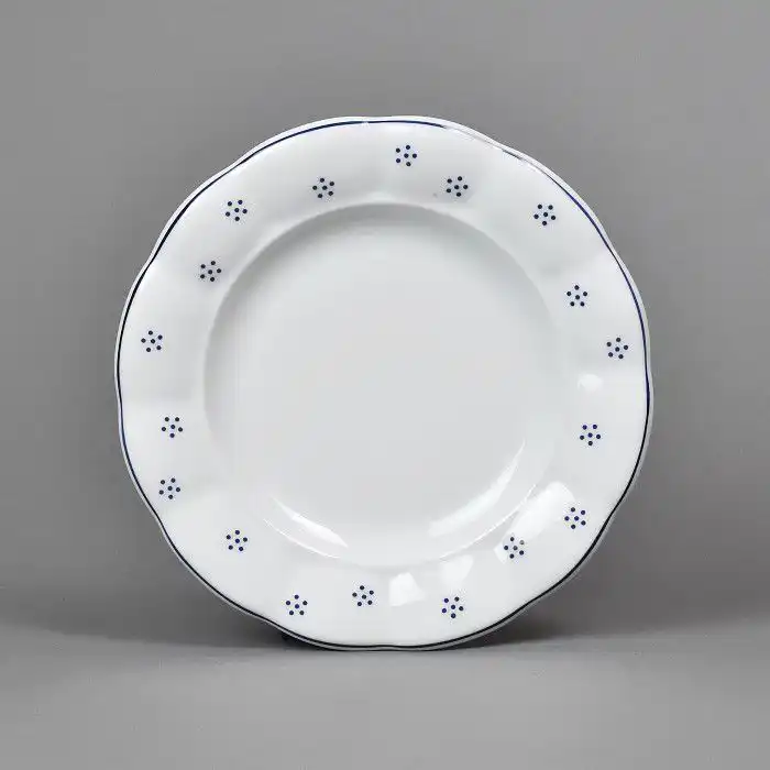 porcelánový dezertní talíř modré tečky